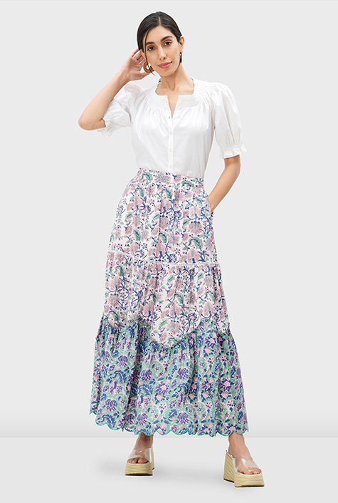 Mixed floral hand block print cotton lattice trim tiered skirt