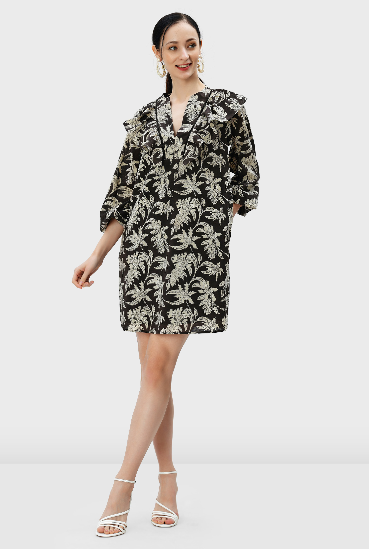 Shop Ruffle bibfront floral hand block print cotton tunic dress eShakti