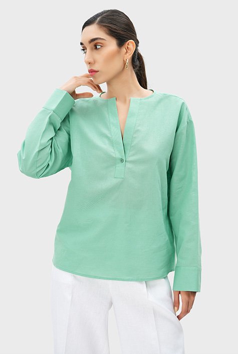 Split-Neck Long-Sleeve Button-Front Blouse for Women