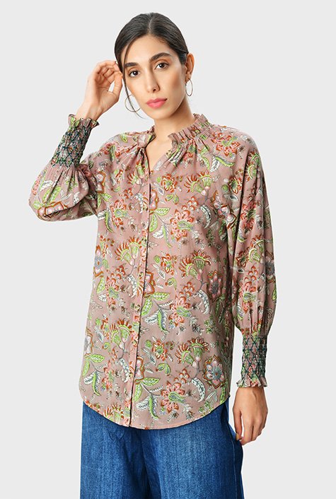 Shop Ruffle frill floral hand block print cotton shirt | eShakti