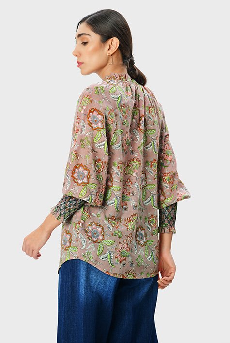 Shop Ruffle frill floral hand block print cotton shirt | eShakti