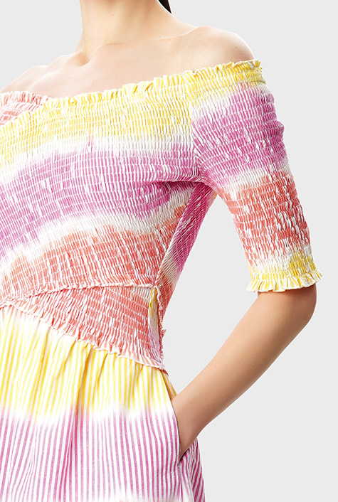 Shop Smocked ikat stripe cotton tiered dress | eShakti