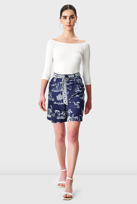 Shop Toile print crepe belted shorts | eShakti