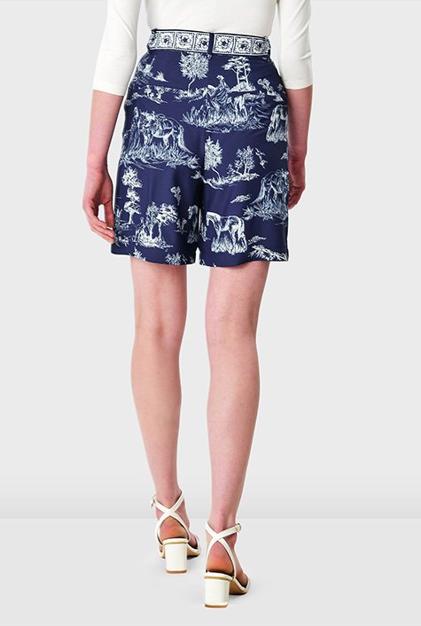Shop Toile print crepe belted shorts | eShakti