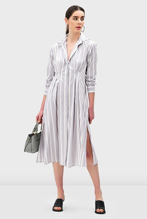 Shop Stripe cotton poplin pleated release pleat shirtdress | eShakti