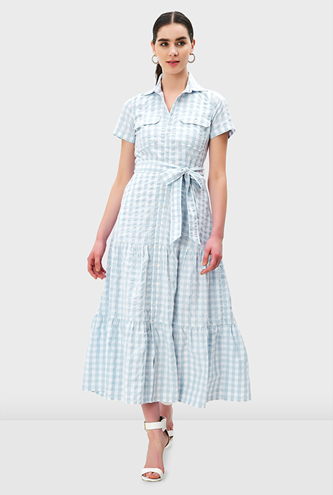 Shop Seersucker stripe cotton ruched tier shirt dress | eShakti