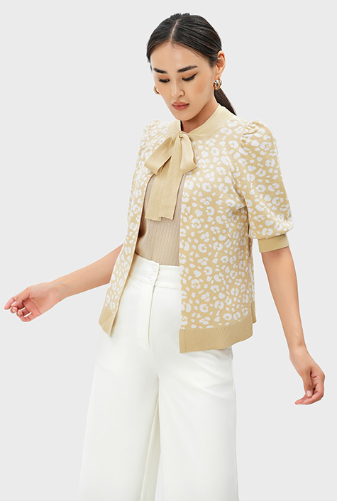 Shop Bow tie linen cotton jacquard knit cardigan | eShakti