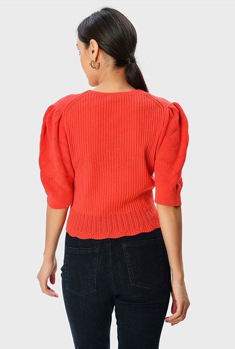Shop Puff sleeve ramie cotton pointelle knit cardigan