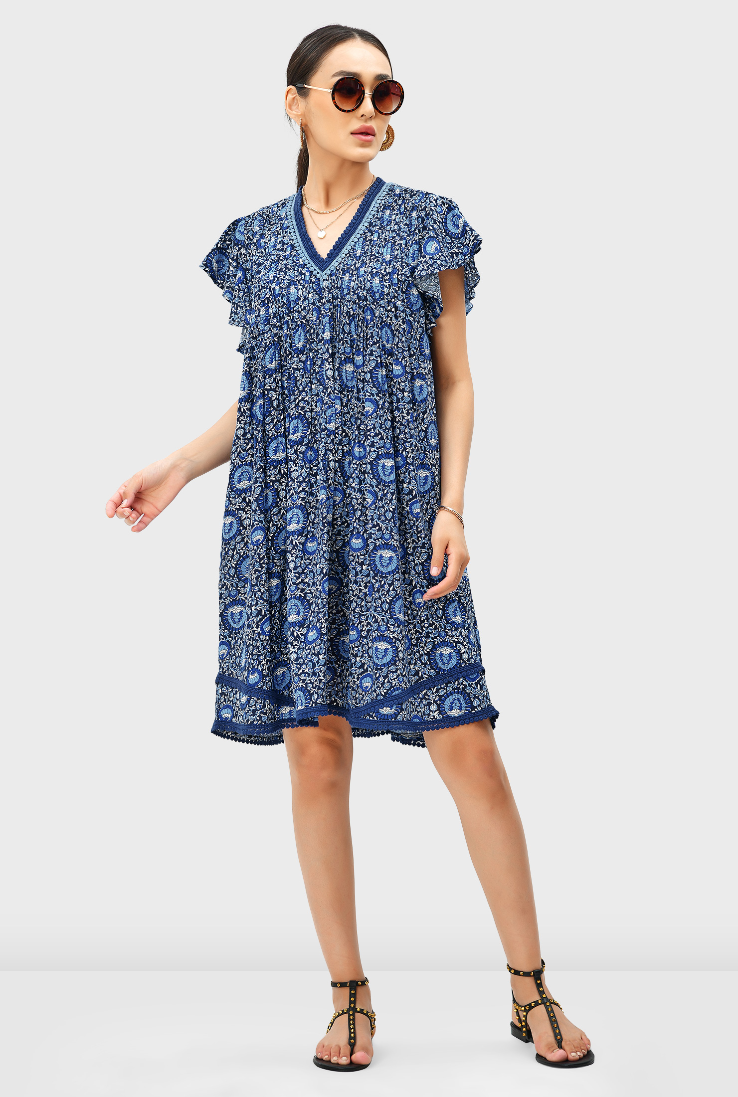 Shop Pintuck pleat floral print rayon lace trim shift dress