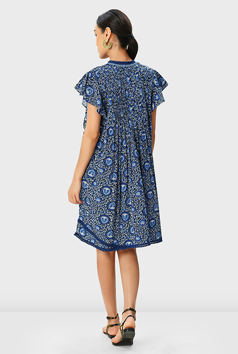 Shop Pintuck pleat floral print rayon lace trim shift dress