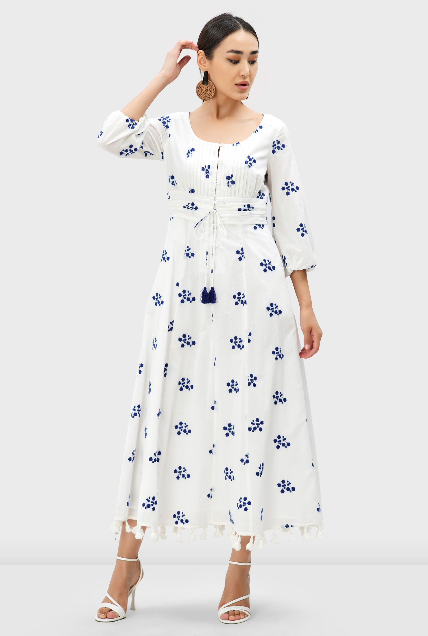 Shop Pintuck pleat floral embroidery cotton dress eShakti