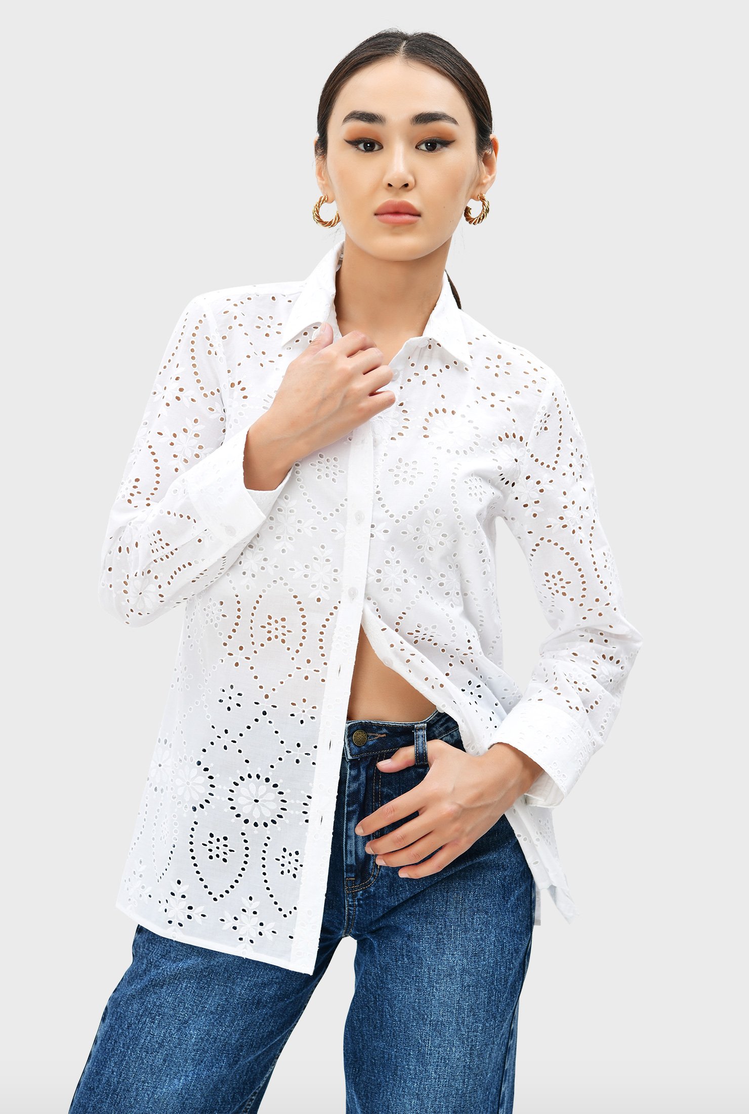 Shop Floral Cotton Eyelet Shirt EShakti