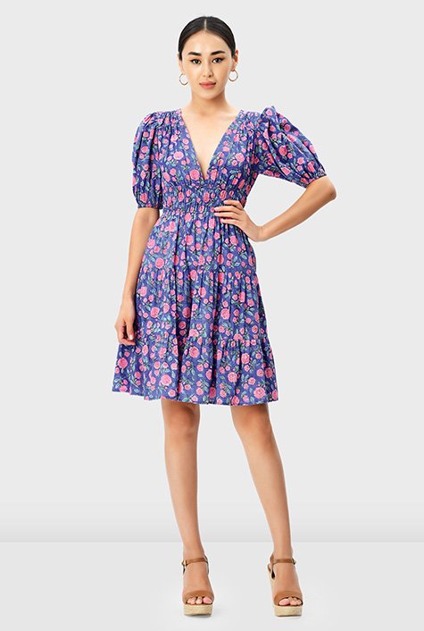 Shop Floral hand block print cotton ruched tier dress