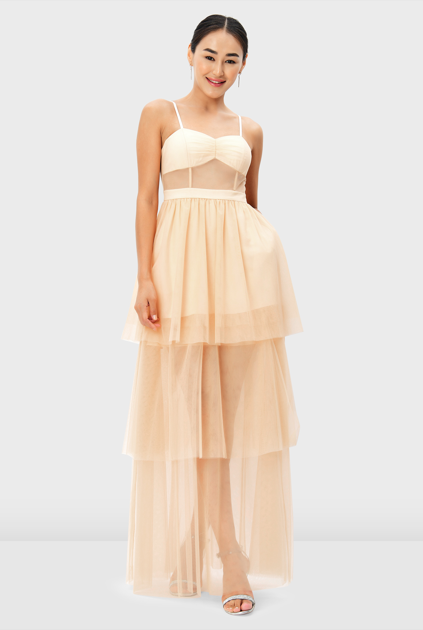 Shop Corset-style sheer mesh maxi tiered dress | eShakti
