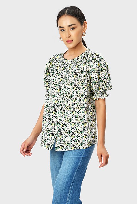 Shop Puff sleeve floral print rayon smocked shirt | eShakti