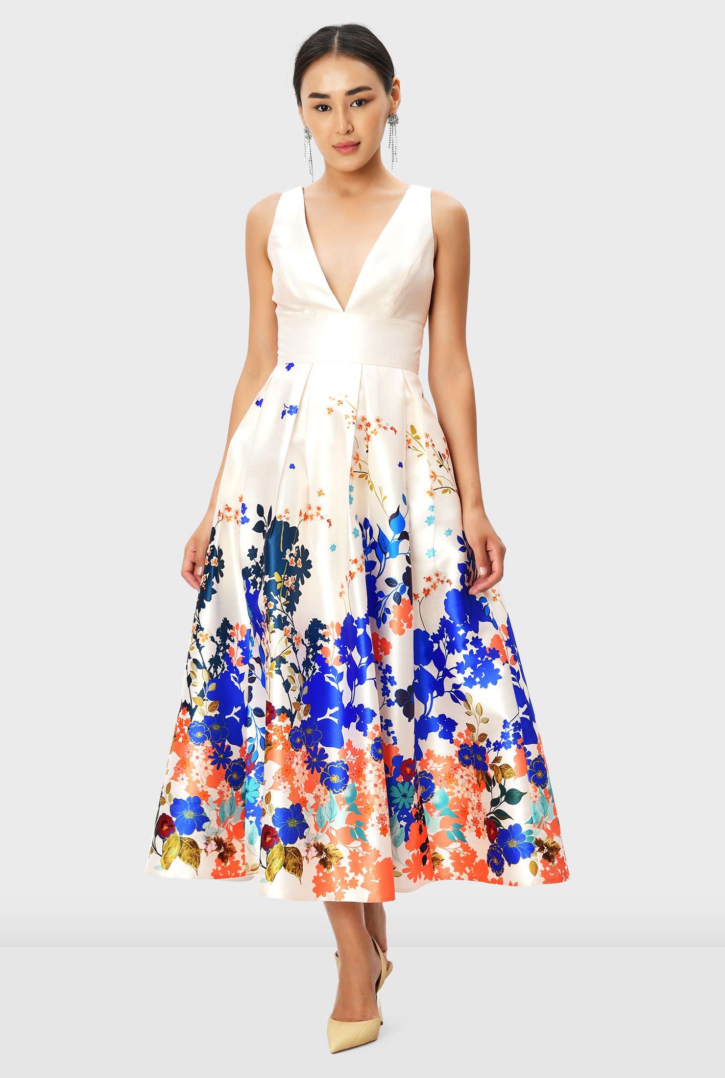 Placed floral print dupioni empire dress