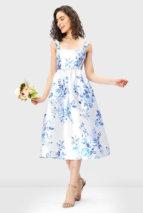 Classic floral print poly dupioni summer dress