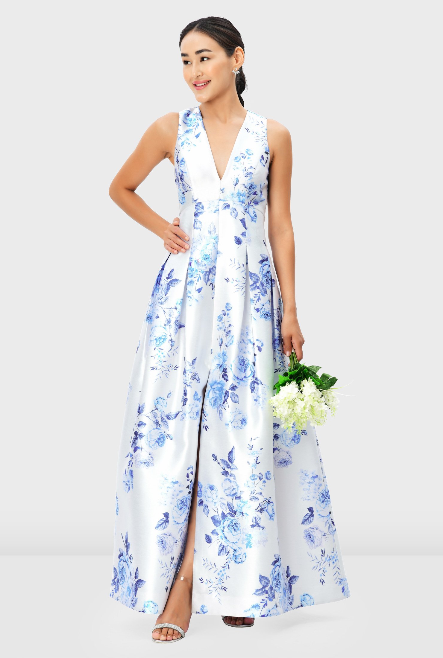 Shop Floral print poly dupioni release pleat empire dress | eShakti