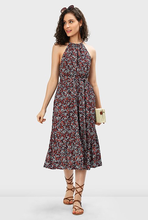 Shop Gathered neckline floral print rayon dress | eShakti