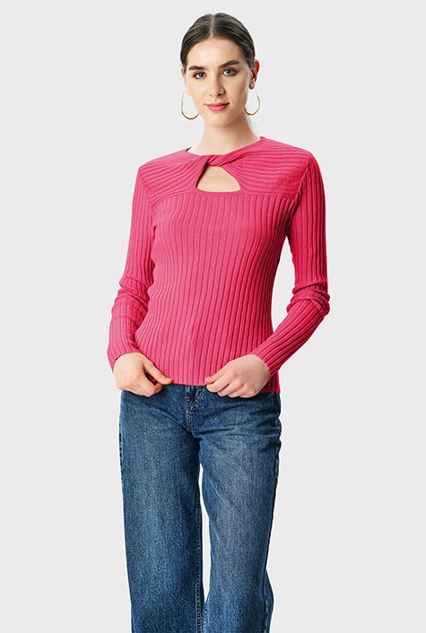 Knot front ramie cotton rib-knit sweater