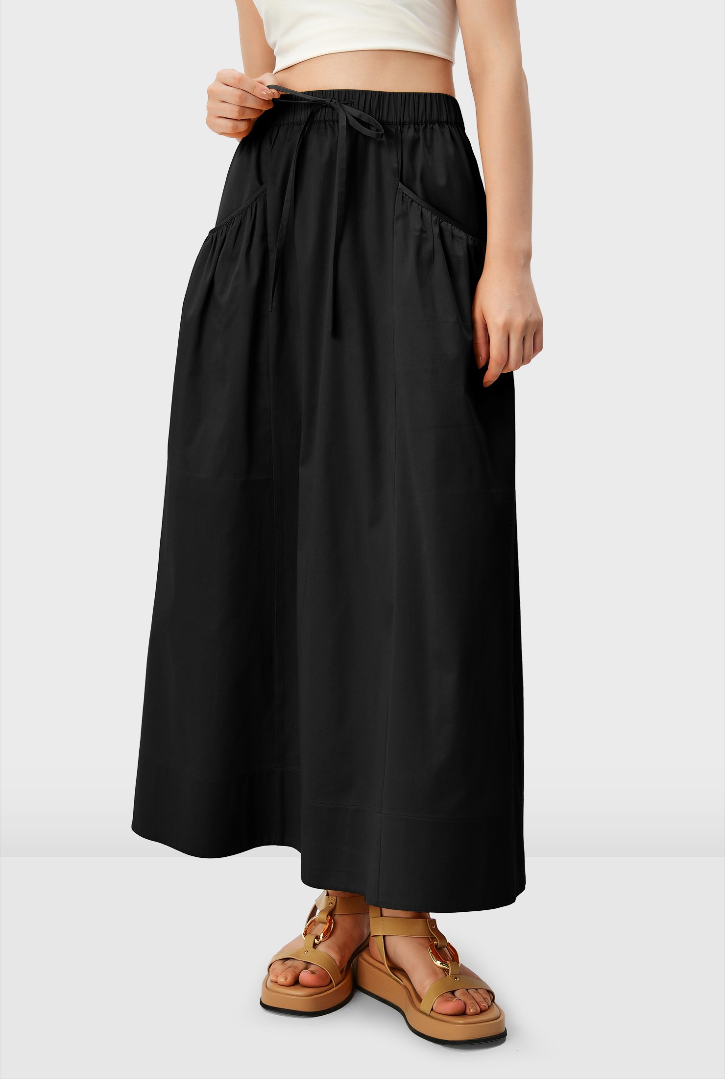 Ruched pocket cotton poplin elastic waist skirt