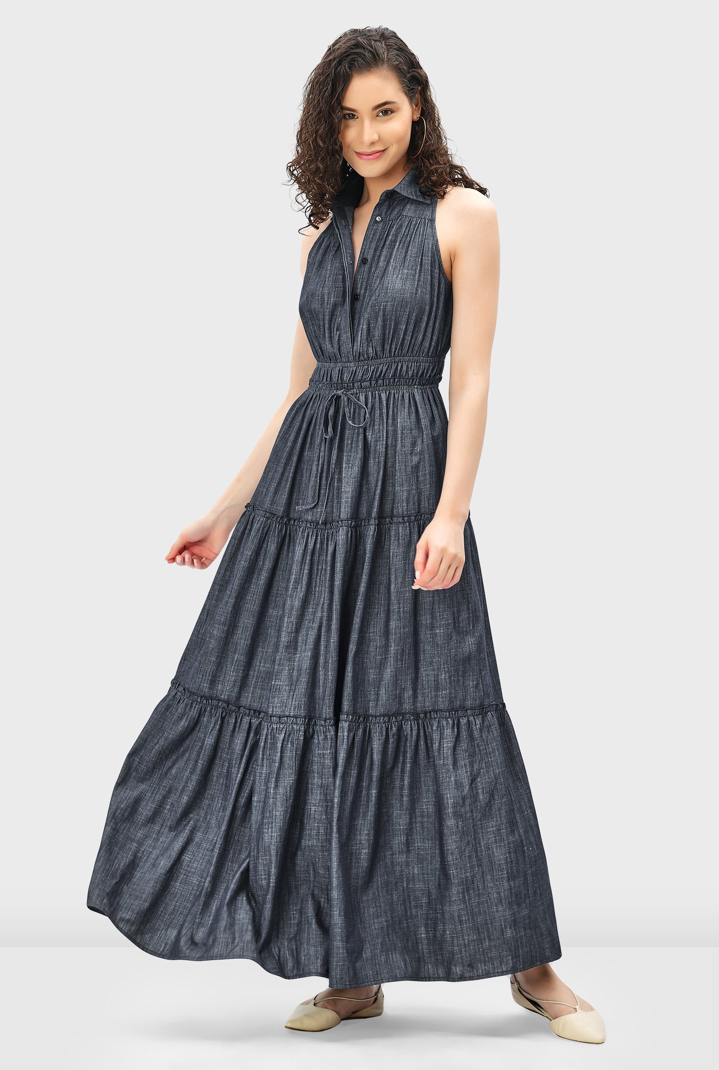 Shop Cotton chambray ruffle trim tiered dress | eShakti