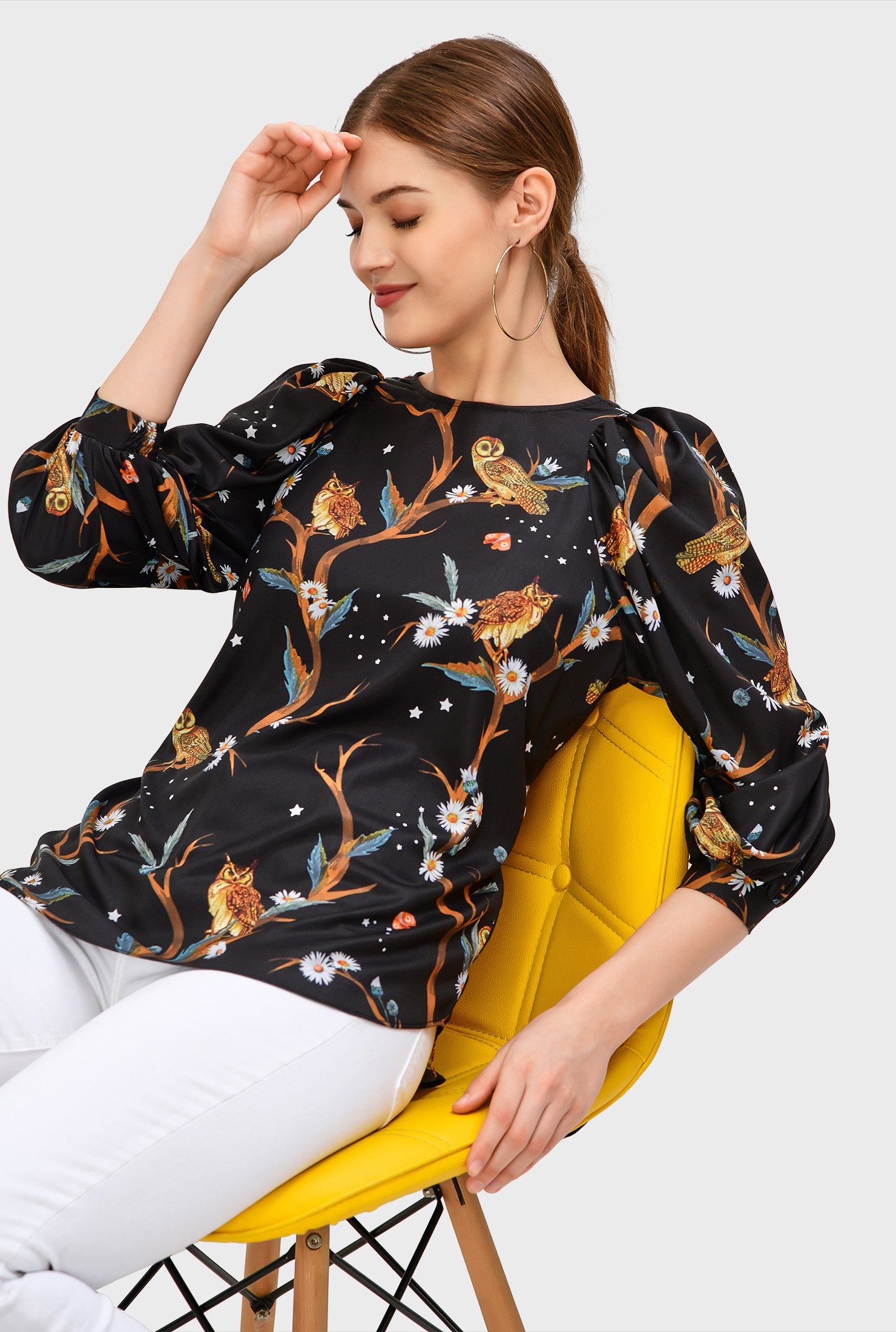 Shop Puff sleeve owl print crepe blouse | eShakti