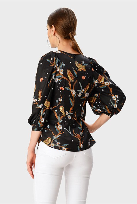 Shop Puff sleeve owl print crepe blouse | eShakti