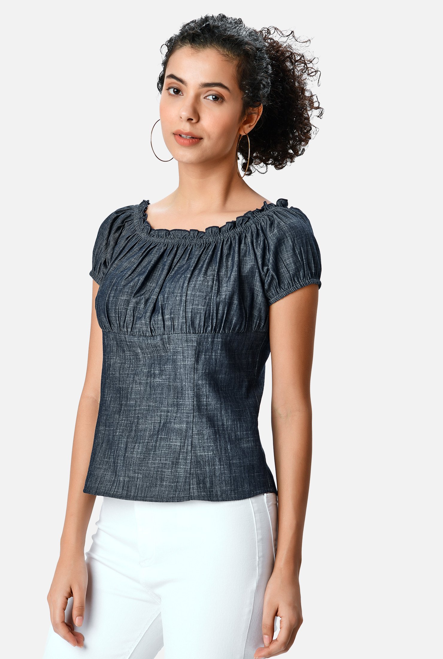 Shop Ruched empire cotton chambray blouse | eShakti