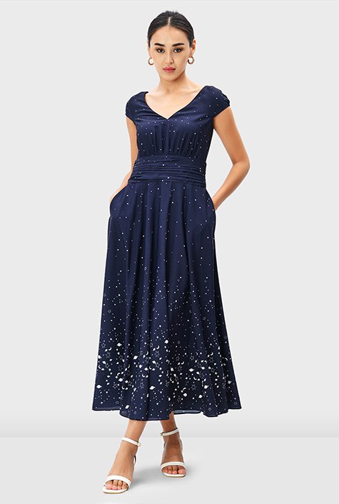 Shop Night sky print crepe pleat waist dress | eShakti