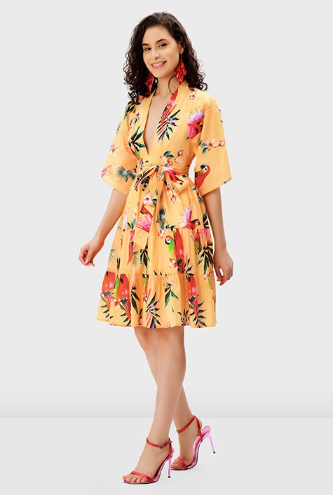 Plunge parrot print cotton voile ruched tier dress