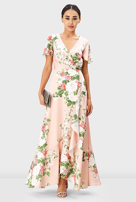 Floral print satin faux-wrap dress