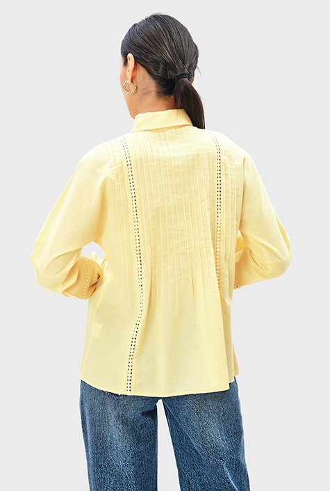 Shop Lace trim pintuck pleat cotton linen shirt