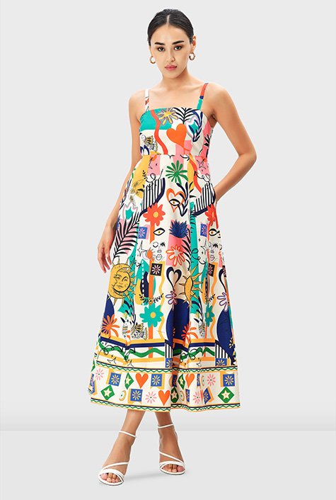 Shop Floral graphic print cotton poplin summer dress | eShakti