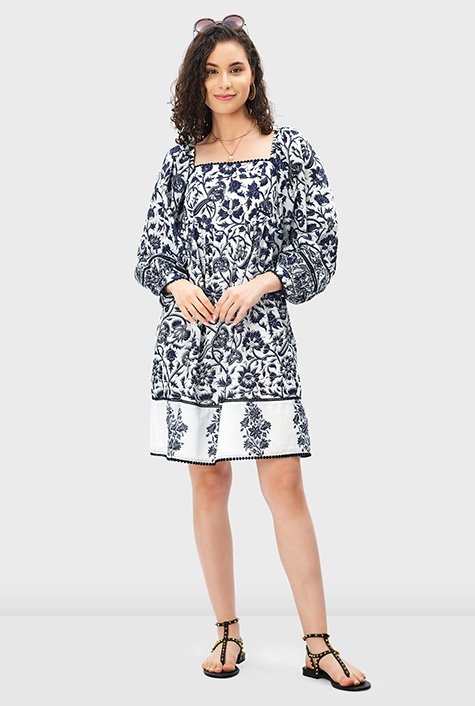 Shop Lace trim floral block print cotton voile empire dress | eShakti