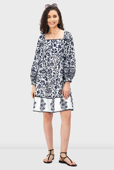 Shop Lace trim floral block print cotton voile empire dress | eShakti