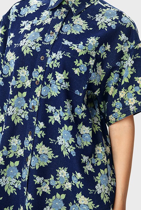 Shop Floral print cotton denim oversized shirt | eShakti