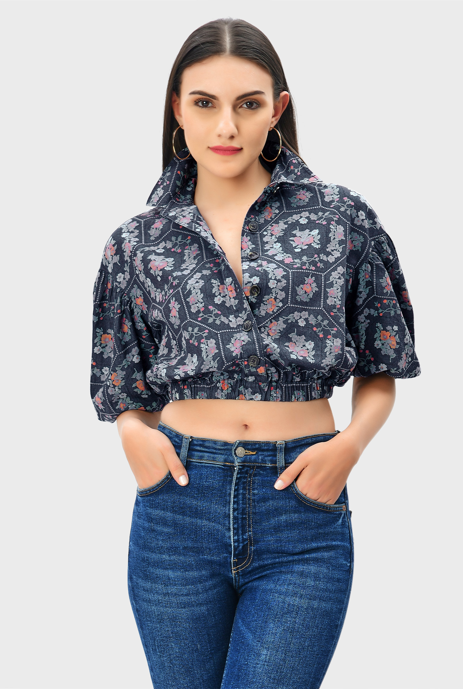 Shop Floral tile print cotton denim crop shirt | eShakti