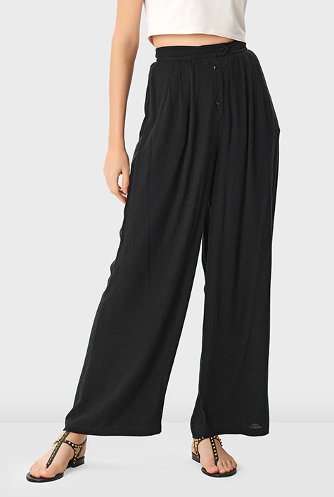 Button front rayon crinkle palazzo pants