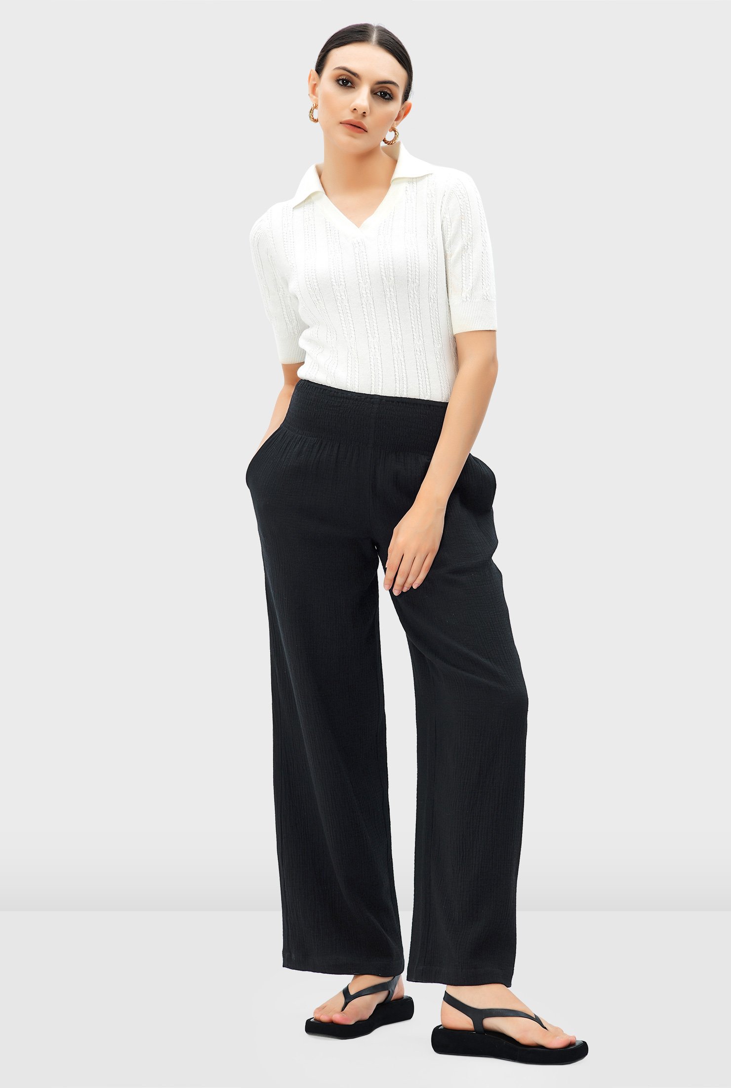 Shop Smocked waist double gauze cotton wide leg pants | eShakti
