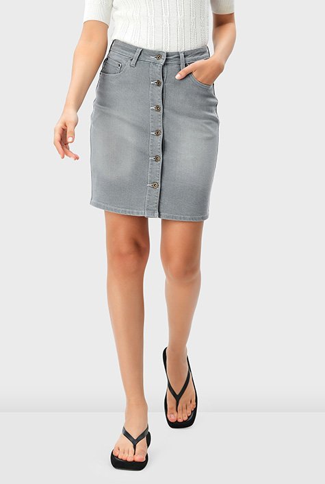 Button front denim straight skirt