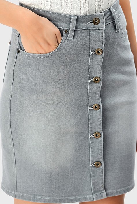 Button front denim straight skirt