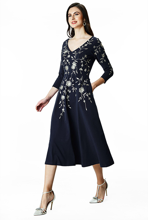 Shop Floral vine embroidery cotton jersey dress | eShakti