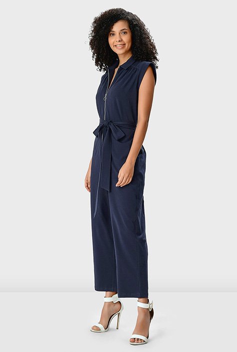 Pleated cross front cotton jersey jumpsuit
