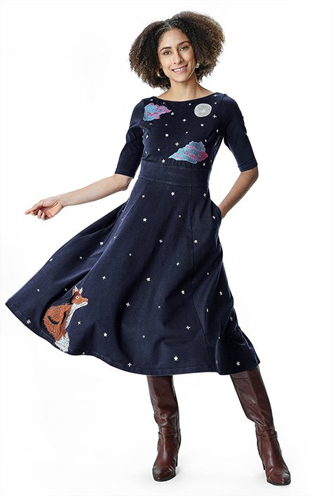 The fox and moon embellished cotton knit dress