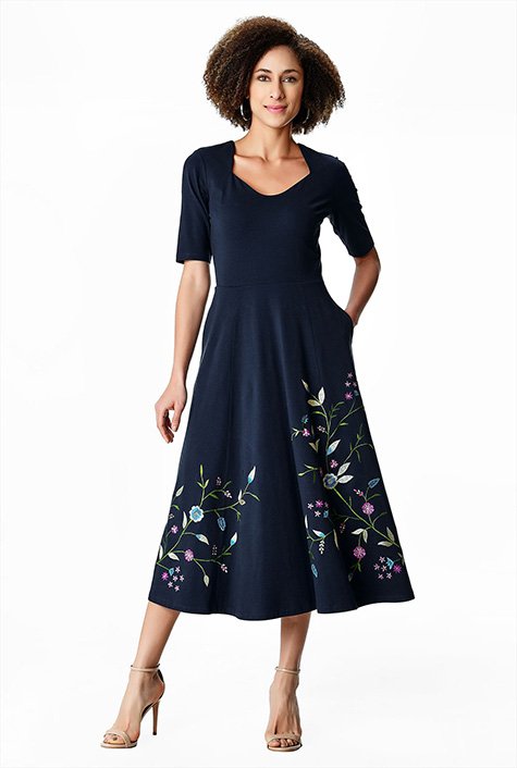 Floral vine embroidery cotton jersey dress