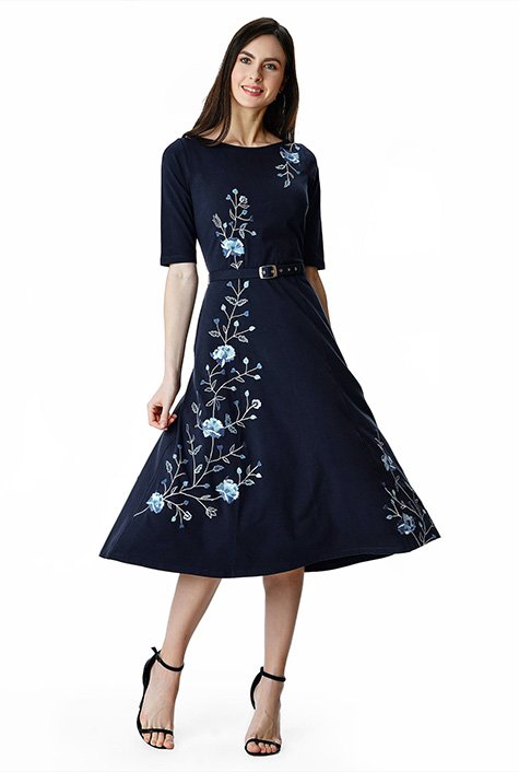 Floral vine embroidery cotton jersey belted dress