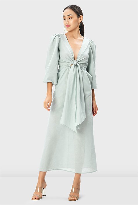 Premium Linen Plus Size V Neck Wrap Detail Woven Midi Dress