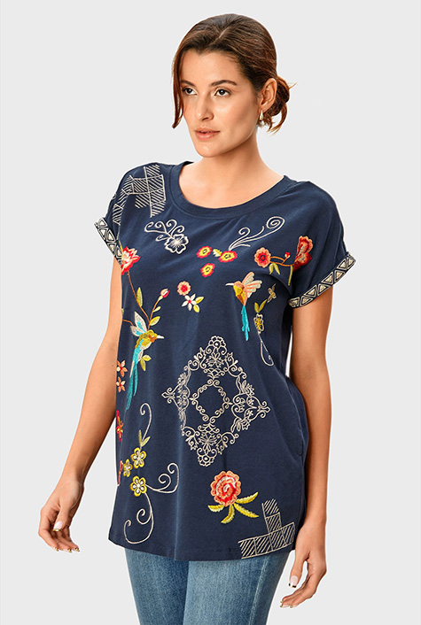Shop Floral bird butterfly embroidery cotton jersey tunic