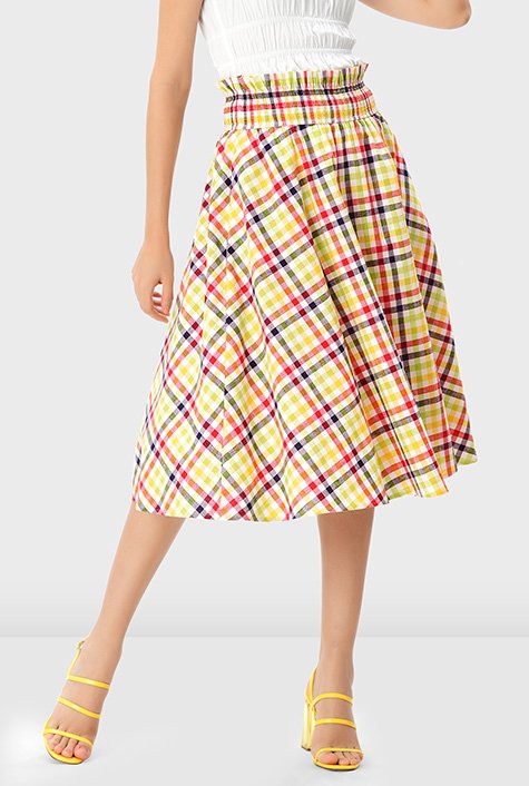 Shop Paperbag waist gingham cotton check skirt | eShakti